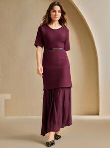 Anewsta Vestido de punto largo elegante y de moda 2 en 1 para mujer - Burdeos - Ver 4