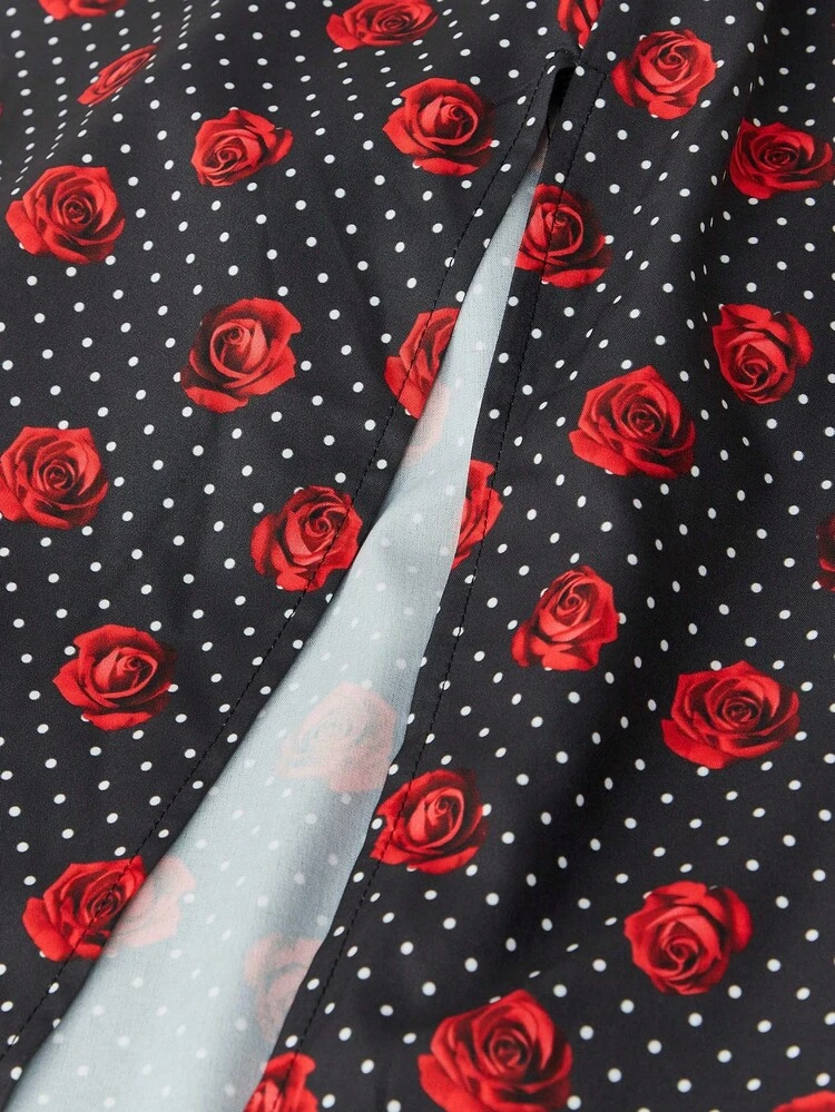 Fitted Midi Dress With Red Rose And Dot Print And Scalloped Tie Collar Teacher Dress Date Night Dress Going Out Dress Autumn Dress Spring Summer Dress