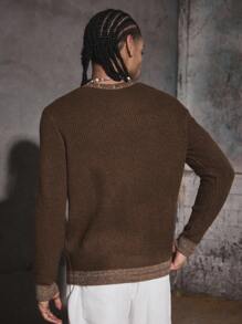 PAVTROS Manfinity Streetrush Men's Casual Contrast Trim Knit Cardigan , Fall Winter - Coffee Brown - View 3