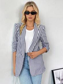 SHEIN Frenchy Áo khoác Blazer nữ thời trang thường ngày, kiểu dáng cổ điển, sọc vải lanh, tay áo ba phần tư, xếp nếp, quần áo công sở, quần áo giáo viên, áo khoác Blazer sọc, áo khoác Blazer giáo viên, quần áo mùa thu - Nhiều màu - Xem 6