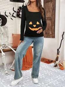 SHEIN Maternity Black Autumn Halloween Graphic Pumpkin Print Long Sleeve Crew Neck Casual Everyday T-Shirt,Jack O Lantern Pregnancy Costume Shirts For Women - Black - View 6