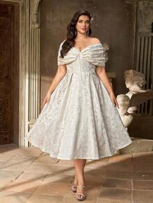 Aureia Plus Size Autumn And Winter Elegant Gorgeous White Luxury Off-Shoulder Gathered Chest Shape A-Line Hem Medium Long Suitable For Dinner Party Bachelorette Party Vacation Date Music Festival Dance Holiday Wedding Event Birthday Bridal Gift Dress - White - View 5