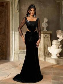 Aureia Elegant Luxurious Beaded & Sequin Splice Elastic Velvet Sheer Long Sleeve Ruched Mermaid Maxi Dress With Train, Suitable For Wedding, Party, Prom, Vacation, Formal Gown (Heavy Embellished), Black