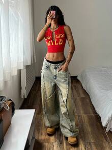 SHEIN ICON Plus Size Women Vintage Washed Denim Jeans, Autumn/Winter - Light Wash - View 8