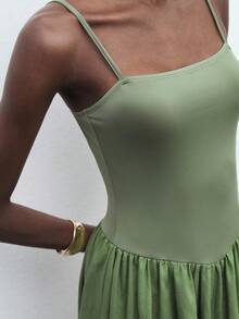 Maija Women's Summer Casual Patchwork Ruffle Hem Spaghetti Strap Mini Dress - Green - View 4