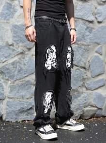 Manfinity EMRG 大码男士破洞骷髅印花宽松直筒牛仔裤，休闲老爹牛仔裤 - 黑色 - 查看 6