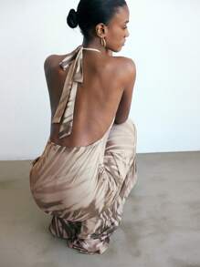 Maija 女式扎染印花扭腰露背连衣裙 - 棕色 - 查看 3