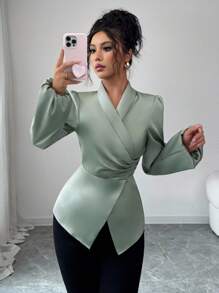 Elenzga 女式秋季编织不对称荷叶边收腰灯笼袖优雅休闲衬衫 - 綠色 - 查看 1