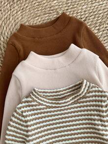 SHEIN LMoss Kids LMoss Baby Girl 3pcs Baby Girl Knitted Striped Collar Casual T-Shirt Set Baby Girl Long Sleeve Shirt Baby Girl Knit Top Baby Girl Long Sleeve Top Baby Girl Striped Shirt Baby Girl Casual Top Fall Winter