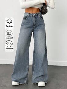 EURMUSE VINTAGE Casual WASH HIGH WAIST WIDE LEG CUT FRAYED HEM Y2K STYLE JEAN Summer Everyday Light Blue - Dusty Blue - View 1