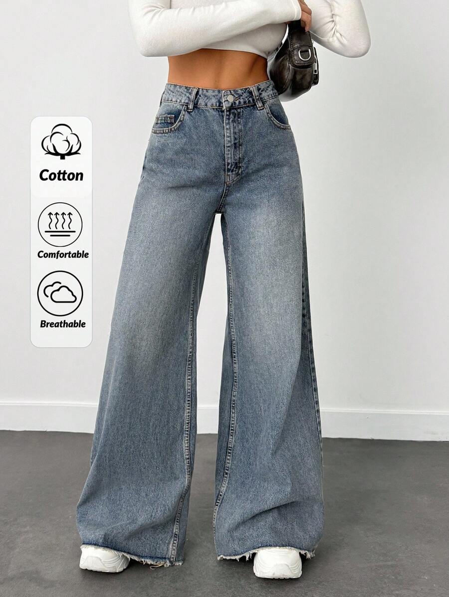 EURMUSE VINTAGE Casual WASH HIGH WAIST WIDE LEG CUT FRAYED HEM Y2K STYLE JEAN Summer Everyday Light Blue - Dusty Blue - View 1