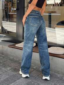 EURMUSE 96% CottonSTRAIGHT LEG MID WAIST JEANS - Medium Wash - View 2