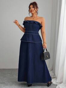 Elenzga Váy denim ống đứng màu xanh navy thanh lịch, không co giãn, mặc đi nghỉ thường ngày cho phụ nữ ngoại cỡ - Rửa tối - Xem 5