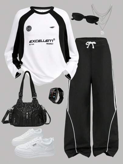 Girlism 休闲美式复古印花连帽运动衫和撞色宽松工装裤/锥形裤 2 件套运动服套装，适合少女，黑色/白色/米色，适合大学、户外、街头服饰、返校