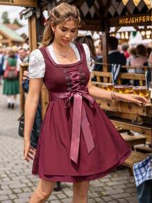 SHEIN Frenchy Women's Waist Tie Design Contrast  Sleeveless Elegant Dress,Women's Sleeveless Red Three-Dimensional Embroidered Waist-Cinching Front-Tie Dress With Floral Embroidery, Ruffle Trim And Tie Design, Oktoberfest Bavarian-Style Clothing, Festive Attire, Dirndl Dress German Dress Oktoberfest Dress Country Dress For Women,Oktoberfest Dirndl,Retro Court-Style  Dress, Traditional German Dress, Picnic Dress, Wine Dress, Pinafore Dress