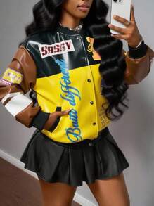 Slaydiva Áo khoác bóng chày phong cách Punk dạo phố hàng ngày, câu lạc bộ đêm, phong cách đầu thu mới 2025, logo họa tiết cổ điển, vai trễ, tay dài, dáng rộng, màu nâu đen và vàng, in họa tiết PU cho nữ - A - Nhiều màu - Xem 15