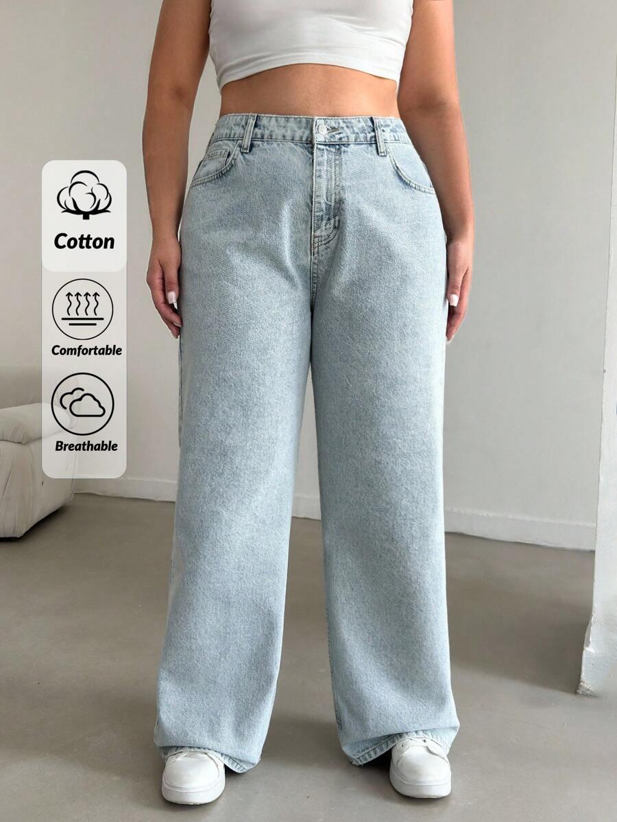 EURMUSE 100%Cotton HIGH RISE STRAIGHT CUT PLUS SZIE WOMEN JEAN - Light Wash - View 1