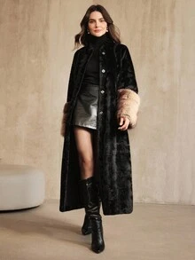 Anewsta Women's Fashionable & Elegant Long Black Faux Mink & Faux Fox Fur Cuff Jacket, Autumn/Winter - Black - View 5