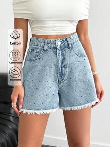 EURMUSE 高腰牛仔休闲短裤 蓝色 配宝石