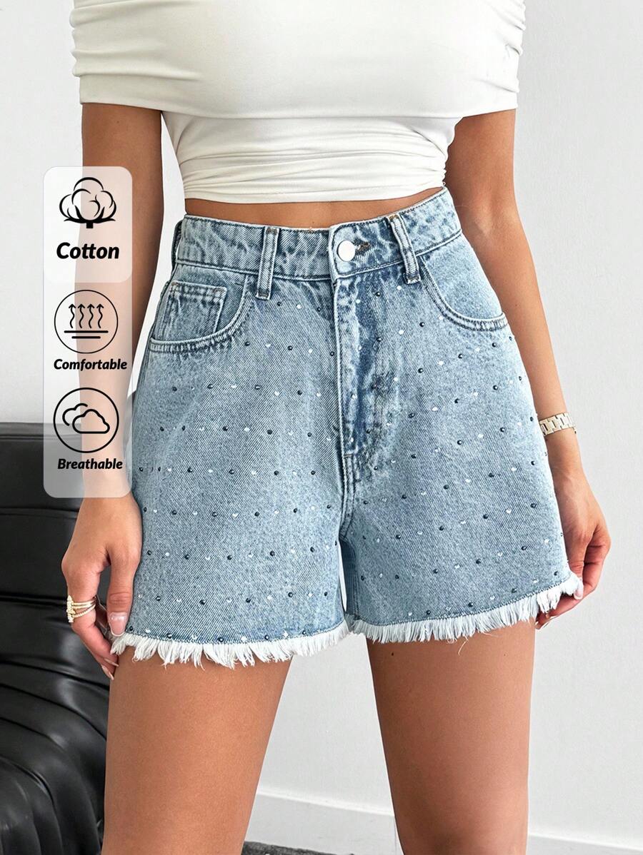 EURMUSE 高腰牛仔休闲短裤 蓝色 配宝石