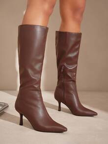 SHUZIA Women Everyday Basic Comfortable Zip-On Mid-Calf Kitten Heeled Boots - Chocolate Brown - View 2