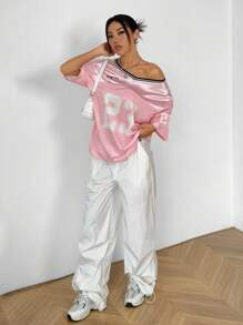 SHEIN EZwear Áo thun nữ cỡ lớn in kỹ thuật số, kiểu dáng phối mảnh, thích hợp cho mùa hè, đi học, thu, công sở, đi làm, dành cho giáo viên. - Hồng - Xem 4