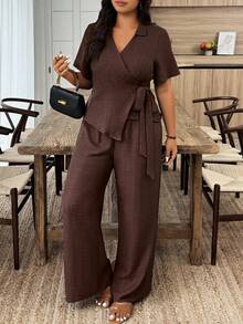 Weeklong Plus Size Women Solid Color Wrap Tie Front Top And Shorts Casual 2 Pieces Set