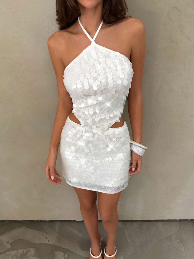 Aloruh 白色亮片露背挂脖背心，性感夏日 - 白色 - 查看 4