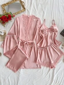 SilkySpell 4件套女士性感蕾丝吊带背心、蕾丝边短裤、长裤、优雅缎面腰带睡袍套装、睡衣内衣套装、秋冬服装 - 粉色 - 查看 3