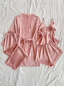 SilkySpell 4件套女士性感蕾丝吊带背心、蕾丝边短裤、长裤、优雅缎面腰带睡袍套装、睡衣内衣套装、秋冬服装 - 粉色 - 查看 5