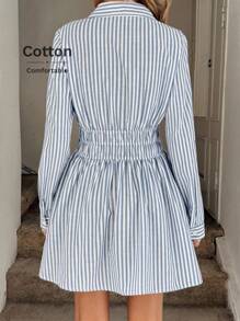 Easowa 领扣半开腰褶裥抽绳蝴蝶结A字长袖衬衫裙，休闲宽松通勤复古风女装