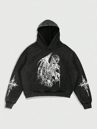 Street Life Men's Cross Anime Print Long Sleeve Casual Thermal Lined Hoodie Sweatshirt , Fall Winter