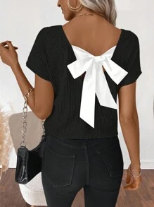 SHEIN LUNE Áo thun tay ngắn hở lưng buộc dây cho nữ, mùa hè - màu đen - Xem 4