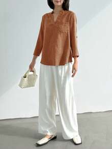 EMERY ROSE 女式春季印花缺口领 3/4 袖衬衫、工作衬衫