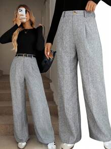 Easowa Quần dài xếp ly thanh lịch màu xám cho nữ có túi, mùa thu/đông - Xám - Xem 2