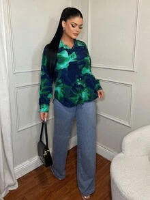 SHEIN SXY Tie-Dye Print Elegant Long Sleeve Button-Up Shirt, Chic Autumn, Business Casual Women, Office For Women, Button Up Shirt Women,Fall - Multicolor - View 3
