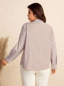 EMERY ROSE Plus Size Women Cotton Crisp Striped Shirt With Chest Pocket,White Sequence,Autumn,Smart Casual,Everyday Long Sleeve Curved Hem Blouse Commute Tops - Multicolor - View 2