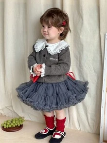 DAZY Baby Girls' Peter Pan Collar Letter Embroidery Contrast Color Casual Cute Cardigan Fall,Winter Toddler Girls Clothes - Light Grey - View 7