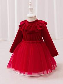 Glamorique Kids Baby Girls' Long Sleeve Dress,Mesh Patchwork Puff Ruffle Collar,Dark Red Autumn Elegant Birthday Christmas Dress Fall Winter,Cute And Sweet - Red - View 4