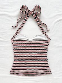 Soleia Vacation Halter Tie V-Neck Floral Metal Buckle White Knit Textured Fitted Tank Top, Suitable For Vacation, Music Festival, Bohemian, Holiday, Date, Afternoon Tea Striped Swimsuits Top Knitted Bathing Suit Top Bathing Suits Top Striped Tube Top Crochet Swimsuit Top,Party