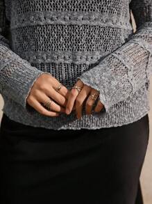 Juhart Áo len dệt kim cổ tròn khoét lỗ màu trơn dành cho nữ cỡ lớn thời trang thu đông - Xám - Xem 7