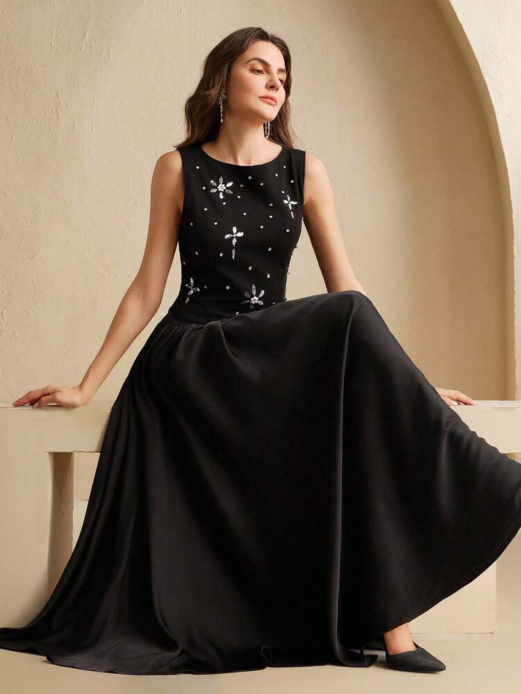 Women's Elegant Date Night Dress, Knit & Woven Patchwork, Black Sequin Embroidery & Bubble Sequins Rhinestone Decor Short Sleeve A-Line Maxi Dress, Autumn