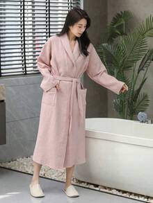 SHEIN 1 pezzo di accappatoio stile waffle, vestaglia unisex per adulti, pigiama primaverile/estivo, ad asciugatura rapida e ad assorbimento d'acqua, vestibilità morbida, disponibile in più colori, essenziale per il bagno e la casa, adatto per la stagione scolastica - Colletto verde multicolore - Visualizzare 6