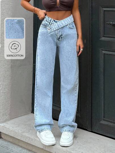 EURMUSE Damskie jeansy w kolorze jasnoniebieskim, 100% bawełny, z prostymi nogawkami, ukośnymi szlufkami na pasek i kieszeniami