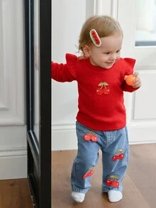 SHEIN 2pcs Baby Girls Autumn/Winter New Round Neck Knitted Flutter Sleeve Long Sleeve Cherry Decor Top And Denim Pants Casual Cute Outfit Set Fall - Multicolor - View 5