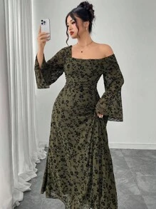 Modelyn 大码女式不对称露肩植绒花朵修身长袖连衣裙 - 軍綠色 - 查看 4