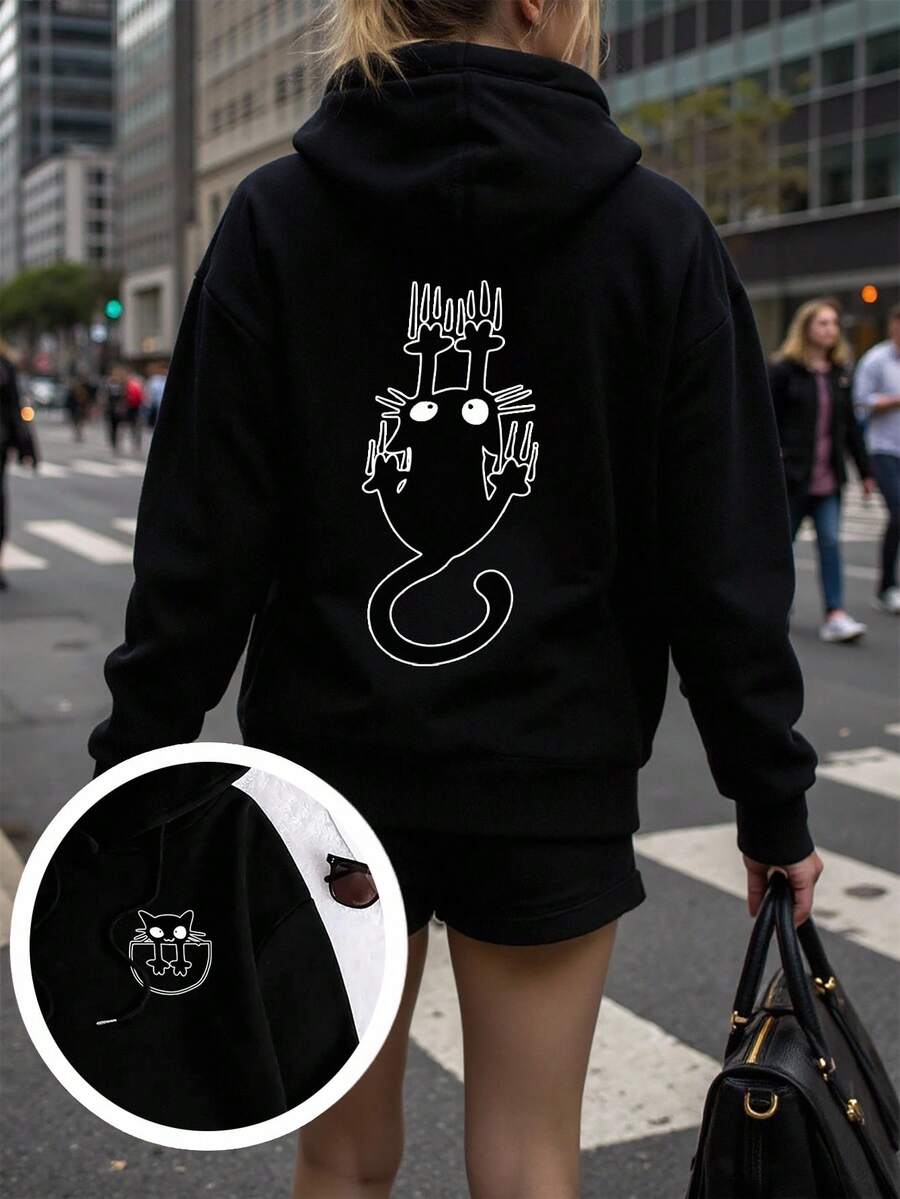 Cute Cat Pattern Women Loose Hooded Sweatshirt, Fashionable Casual Jacket For Autumn/Winter Fall Cloth For Women - Black - View 1
