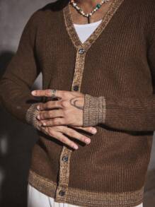PAVTROS Manfinity Streetrush Men's Casual Contrast Trim Knit Cardigan , Fall Winter - Coffee Brown - View 5
