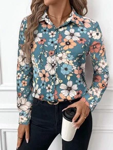 SHEIN Clasi Women's Floral Line Print Button Front Long Sleeve Shirt, Suitable For Commuting And Daily Wear, Autumn/Winter - Dusty Blue - View 3