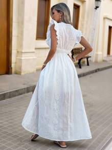 Brillora Vestido con cuello en V, manga corta y tapa, de tela texturizada, para vacaciones informales de mujer - Blanco - Ver 2